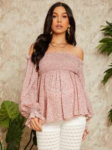 SHEIN Áo sơ mi Bà bầu viền lá sen Viên lá sen Dải chun Họa tiết hoa Boho - Nhiều màu - Xem 3