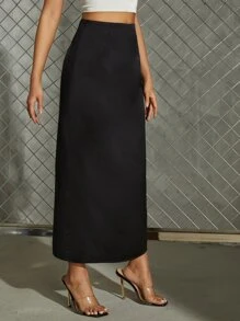 SHEIN Essnce Zipper Side Split Hem Straight Satin Skirt - Black - View 4
