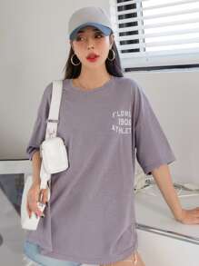 DAZY Camiseta de hombros caídos con estampado de letra - Púrpura polvoriento - Ver 3