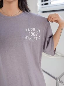 DAZY Camiseta de hombros caídos con estampado de letra - Púrpura polvoriento - Ver 5