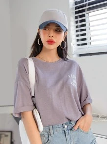 DAZY Camiseta de hombros caídos con estampado de letra - Púrpura polvoriento - Ver 6