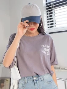 DAZY Camiseta de hombros caídos con estampado de letra - Púrpura polvoriento - Ver 7