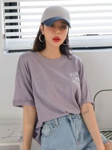 DAZY Camiseta de hombros caídos con estampado de letra - Púrpura polvoriento - Ver 8