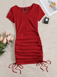 Muchica V-neck Drawstring Ruched Side Dress - Red - View 1
