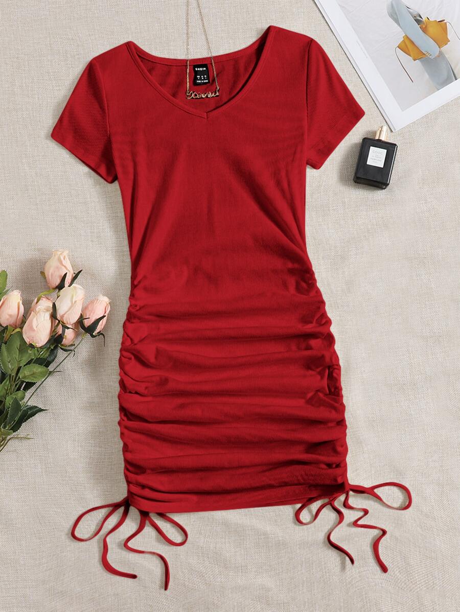 Muchica V-neck Drawstring Ruched Side Dress - Red - View 1