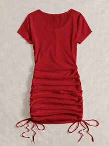 Muchica V-neck Drawstring Ruched Side Dress - Red - View 2