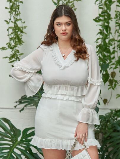 Plus Ruffle Trim Bell Sleeve Peplum Top & Skirt Set