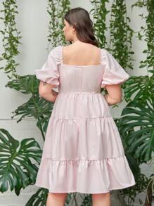 SHEIN Plus Square Neck Puff Sleeve Ruffle Hem Dress - Baby Pink - View 2