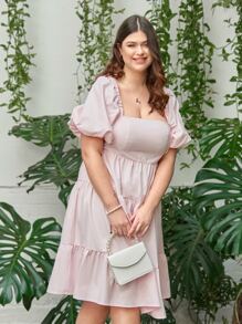 SHEIN Plus Square Neck Puff Sleeve Ruffle Hem Dress - Baby Pink - View 3