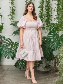 SHEIN Plus Square Neck Puff Sleeve Ruffle Hem Dress - Baby Pink - View 5