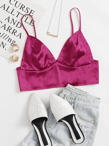 SHEIN ICON Shirred Back Satin Bralet Top - Red Violet - View 1