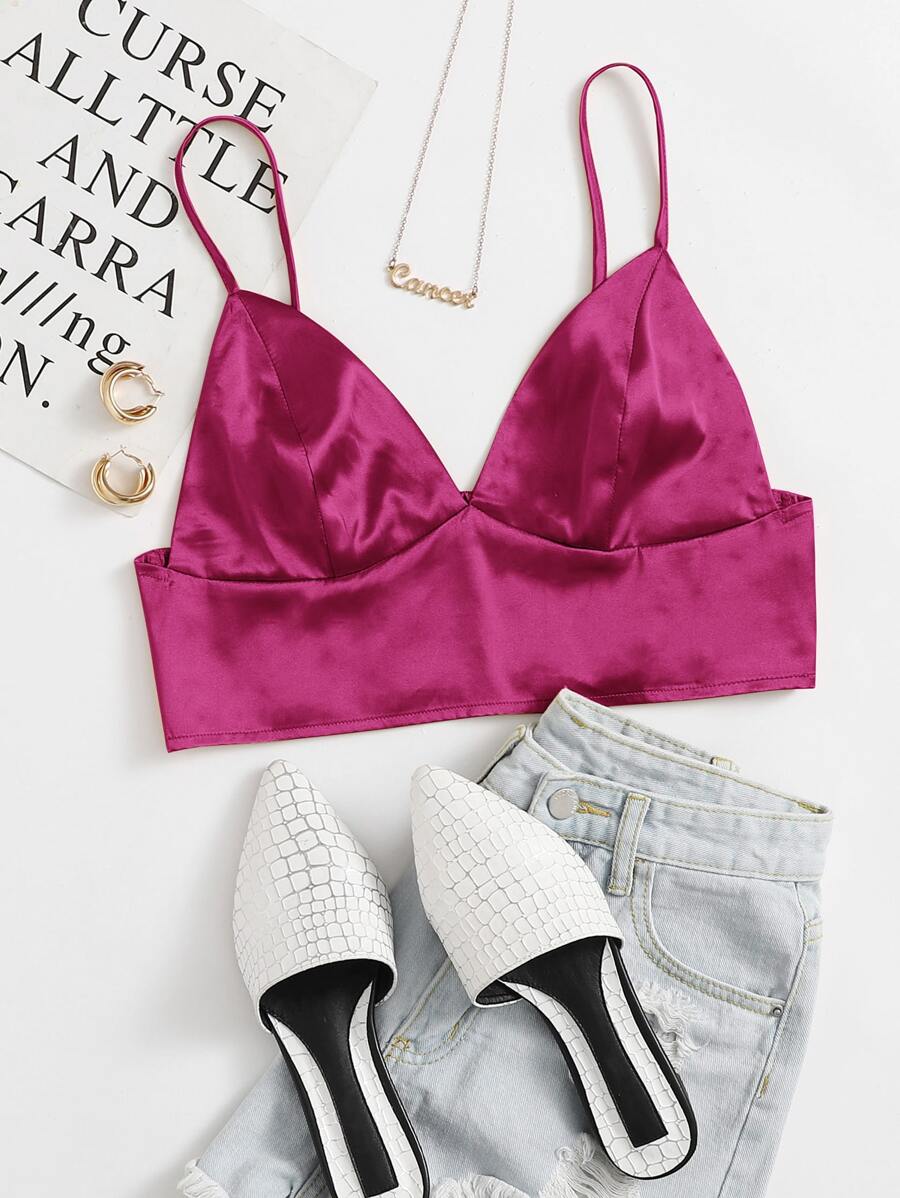 SHEIN ICON Shirred Back Satin Bralet Top - Red Violet - View 1
