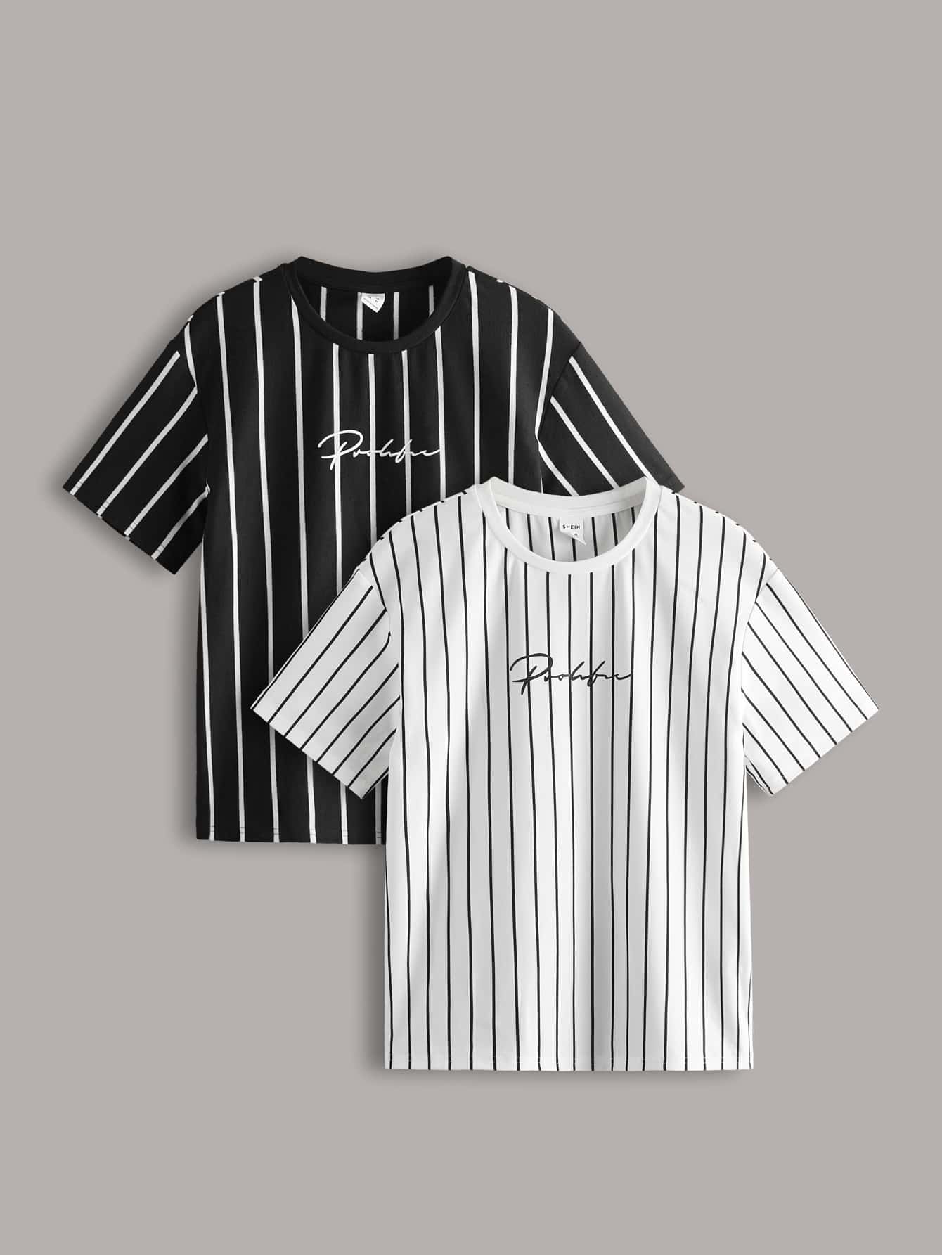 T-shirt Pour Garçon De Tweed 2 Pièces À Épaules Tombantes, Avec Lettres Et Rayures 4