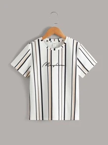 SHEIN Striped & Letter Printed Short Sleeve T-Shirt For Tween Boys, Casual Wear For Summer - Multicolor - View 1