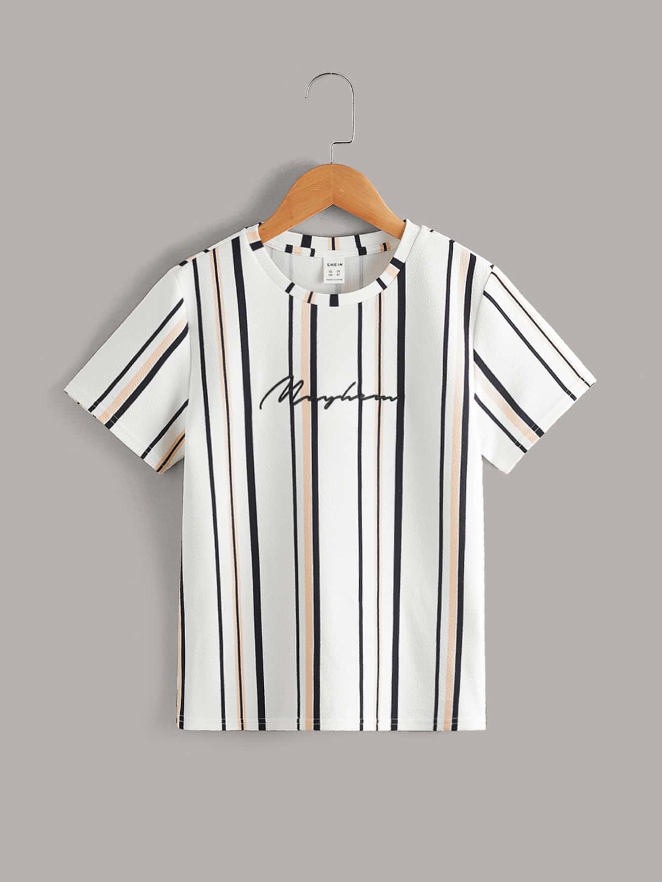 SHEIN Striped & Letter Printed Short Sleeve T-Shirt For Tween Boys, Casual Wear For Summer - Multicolor - View 1