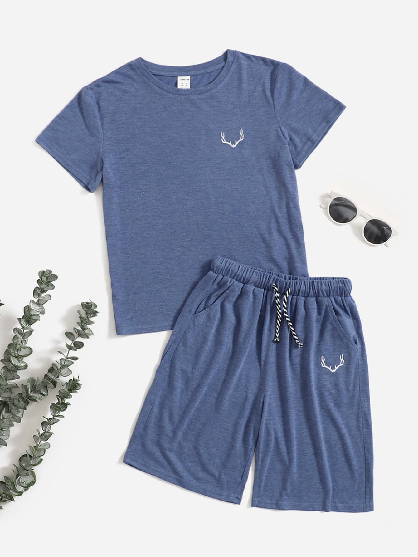 SHEIN 男孩鹿角刺繡T恤和前打結短褲 - 霧霾藍 - 查看 1