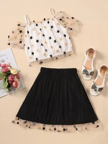 Malha Contraste Geométrico Fofo Outfit de Duas Peças para Menina