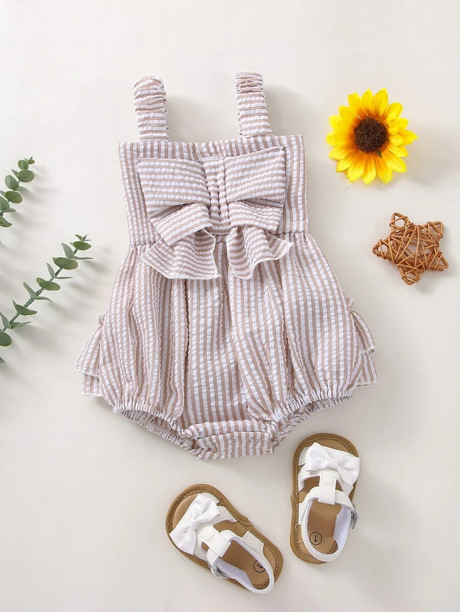 Baby Girl Striped Shirred Ruffle Trim Cami Bodysuit - Multicolor - View 1