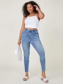 SHEIN Essnce 大碼高腰緊身牛仔褲 - 淺色水洗藍 - 查看 3