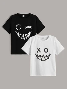 SHEIN Tween Boys 2 Packs Cartoon Face Print Tee - Black and White - View 1