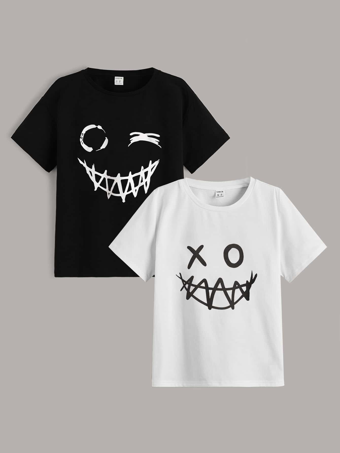 SHEIN Tween Boys 2 Packs Cartoon Face Print Tee - Black and White - View 1