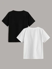SHEIN Tween Boys 2 Packs Cartoon Face Print Tee - Black and White - View 2