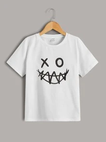 SHEIN Tween Boys 2 Packs Cartoon Face Print Tee - Black and White - View 6