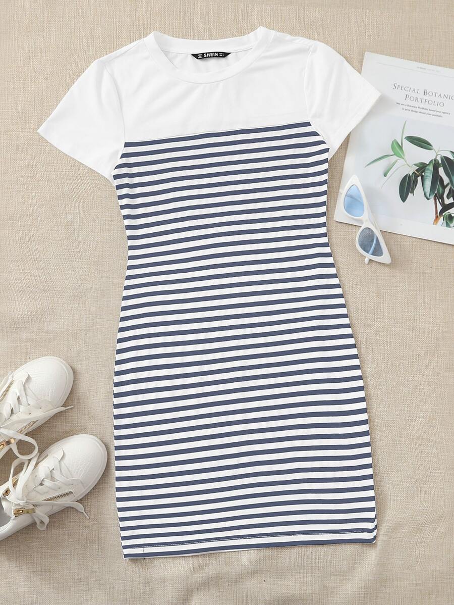 SHEIN EZwear Striped Bodycon Dress - Blue and White - View 1
