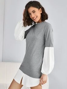 SHEIN Vestido de manga obispo de color combinado - Gris Claro - Ver 2