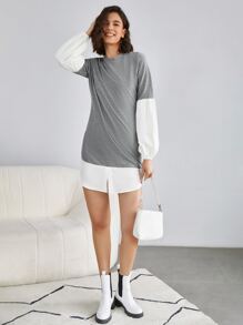 SHEIN Vestido de manga obispo de color combinado - Gris Claro - Ver 5