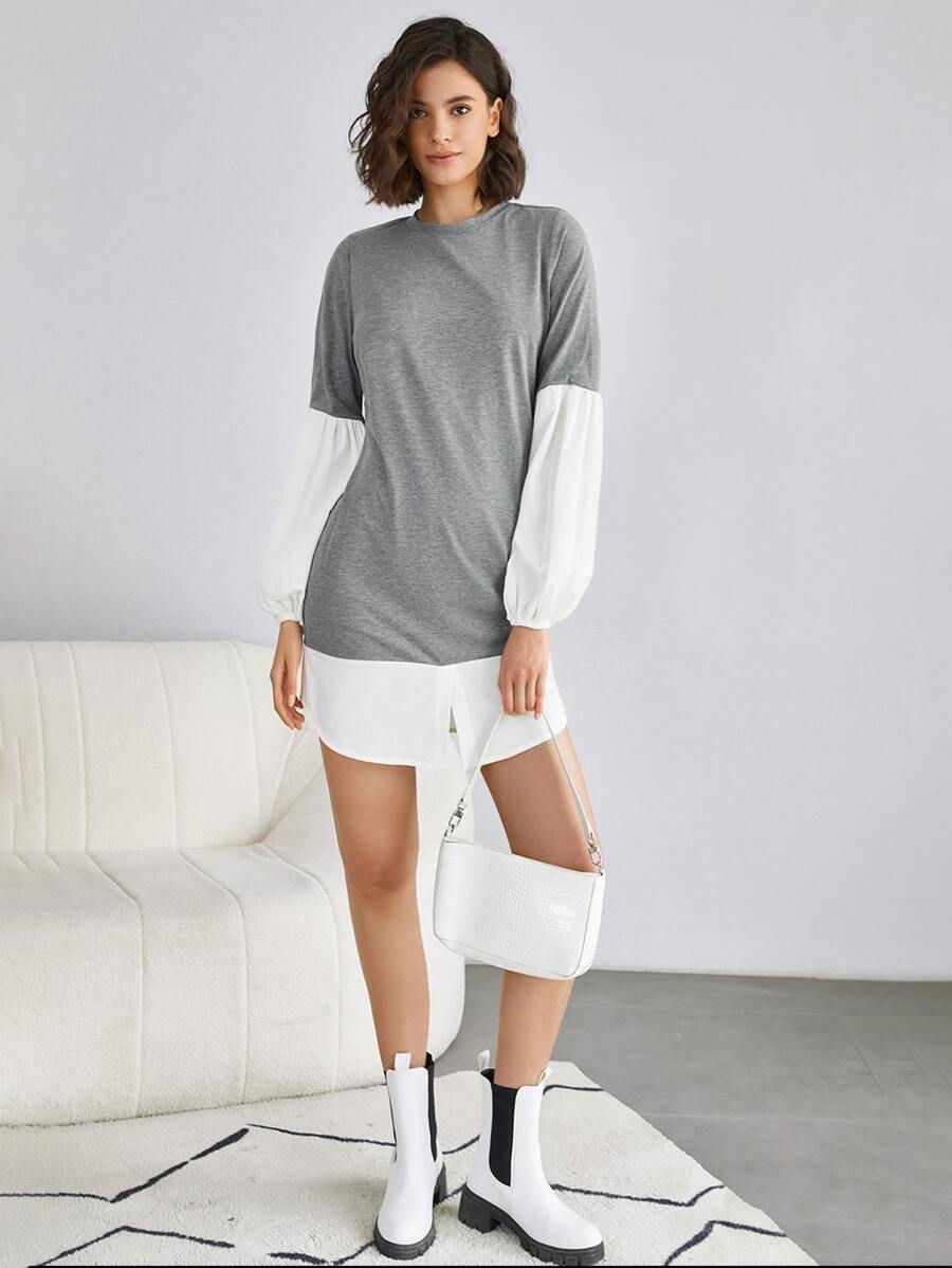 SHEIN Vestido de manga obispo de color combinado - Gris Claro - Ver 1
