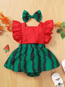 Baby Girl Watermelon Print Ruffle Trim Combo Bodysuit Dress & Headband - Multicolor - View 1
