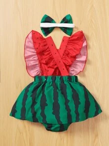 Baby Girl Watermelon Print Ruffle Trim Combo Bodysuit Dress & Headband - Multicolor - View 2