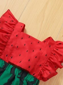 Baby Girl Watermelon Print Ruffle Trim Combo Bodysuit Dress & Headband - Multicolor - View 3