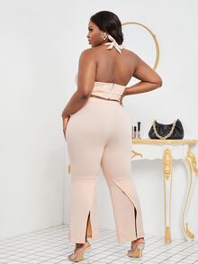 SHEIN SXY Bộ thời trang Plus Size Lộ Lưng Chia Buộc lại Dây kéo màu trơn Gợi cảm - Màu be - Xem 2