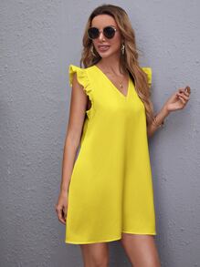 SHEIN Clasi 荷葉邊袖口素色直筒連衣裙 - 黃色 - 查看 1