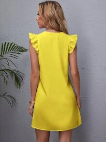 SHEIN Clasi 荷葉邊袖口素色直筒連衣裙 - 黃色 - 查看 3