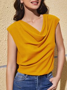 SHEIN Clasi Solid Cowl Collar Blouse,Sleeveless Tops - Mustard Yellow - View 5