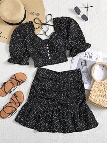 Breezaya Polka Dot Puff Sleeve Shirred Tie Back Top & Ruffle Hem Skirt - Black - View 1
