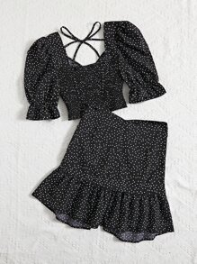 Breezaya Polka Dot Puff Sleeve Shirred Tie Back Top & Ruffle Hem Skirt - Black - View 2