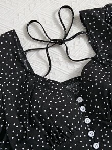 Breezaya Polka Dot Puff Sleeve Shirred Tie Back Top & Ruffle Hem Skirt - Black - View 5