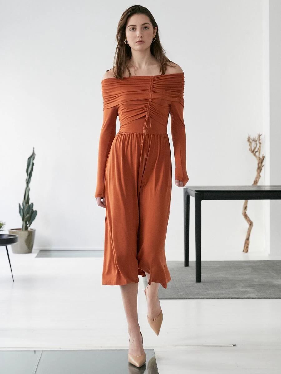 MOTF PREMIUM Đầm Đã thu thập Off Shoulder - Màu Cam cháy - Xem 1