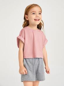 SHEIN Tops con gái lớn màu trơn Giải trí - Bụi hồng - Xem 4