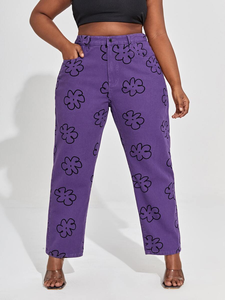 大碼印花高腰媽媽牛仔褲 - 紫色 - 查看 1