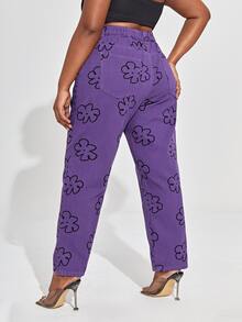 大碼印花高腰媽媽牛仔褲 - 紫色 - 查看 2