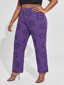 大碼印花高腰媽媽牛仔褲 - 紫色 - 查看 3