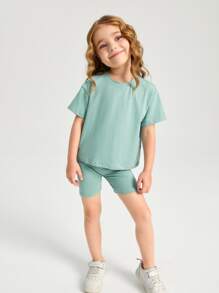 SHEIN Toddler Girls Cotton Drop Shoulder Top & Cycling Shorts Set - Mint Green - View 1