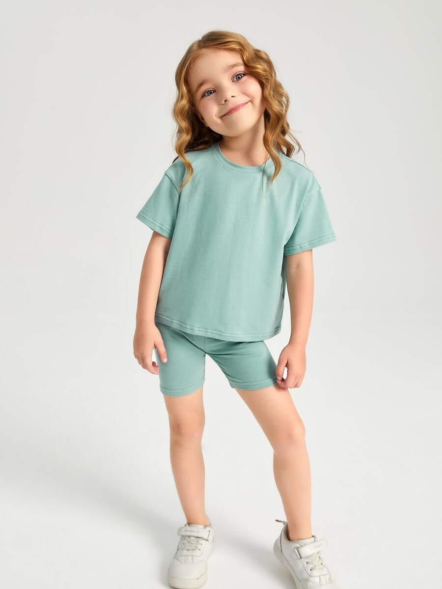 SHEIN Toddler Girls Cotton Drop Shoulder Top & Cycling Shorts Set - Mint Green - View 1