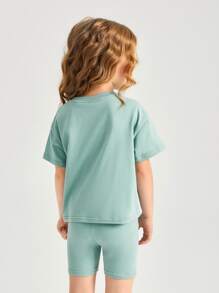 SHEIN Toddler Girls Cotton Drop Shoulder Top & Cycling Shorts Set - Mint Green - View 2