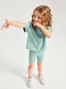 SHEIN Toddler Girls Cotton Drop Shoulder Top & Cycling Shorts Set - Mint Green - View 4